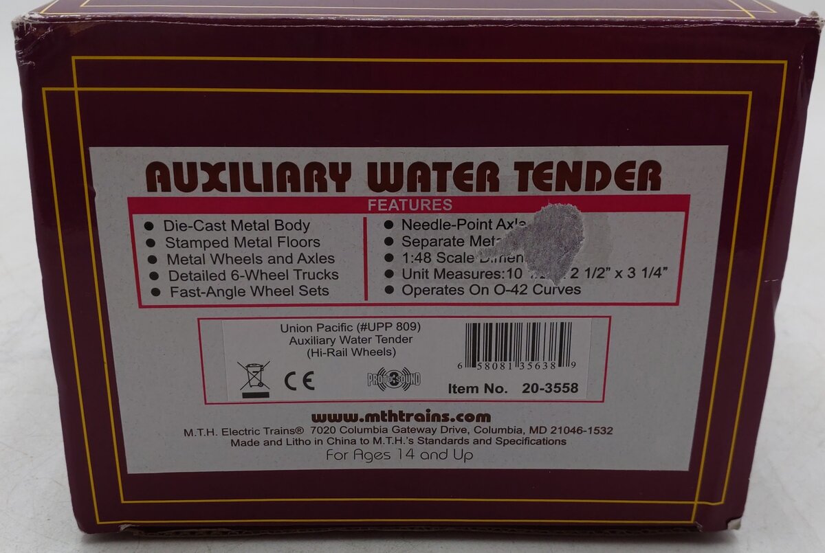 MTH 20-3558 O Gauge Union Pacific Jim Adams Water Tender #809 (Hi-Rail Wheels) EX/Box