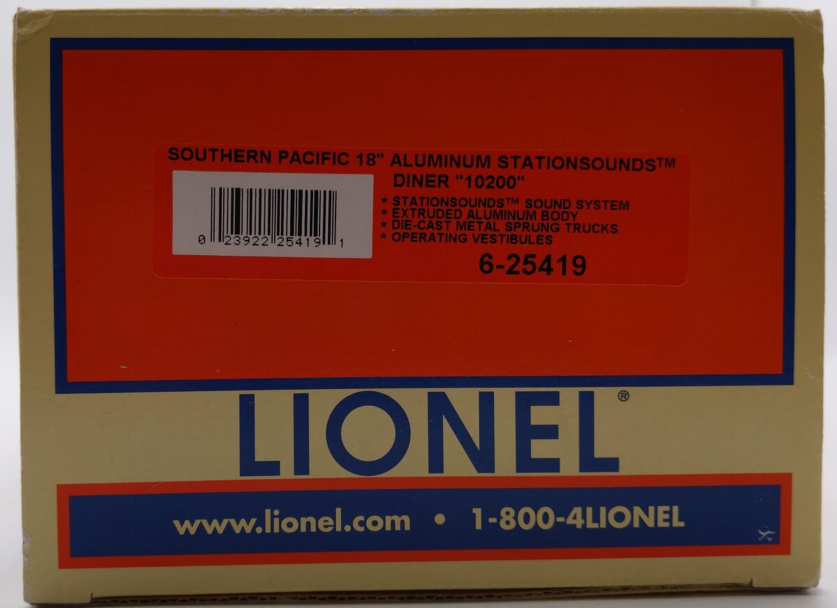 Lionel 6-25419 O Southern Pacific 18" Alumininum StationSounds Diner #10200 EX/Box
