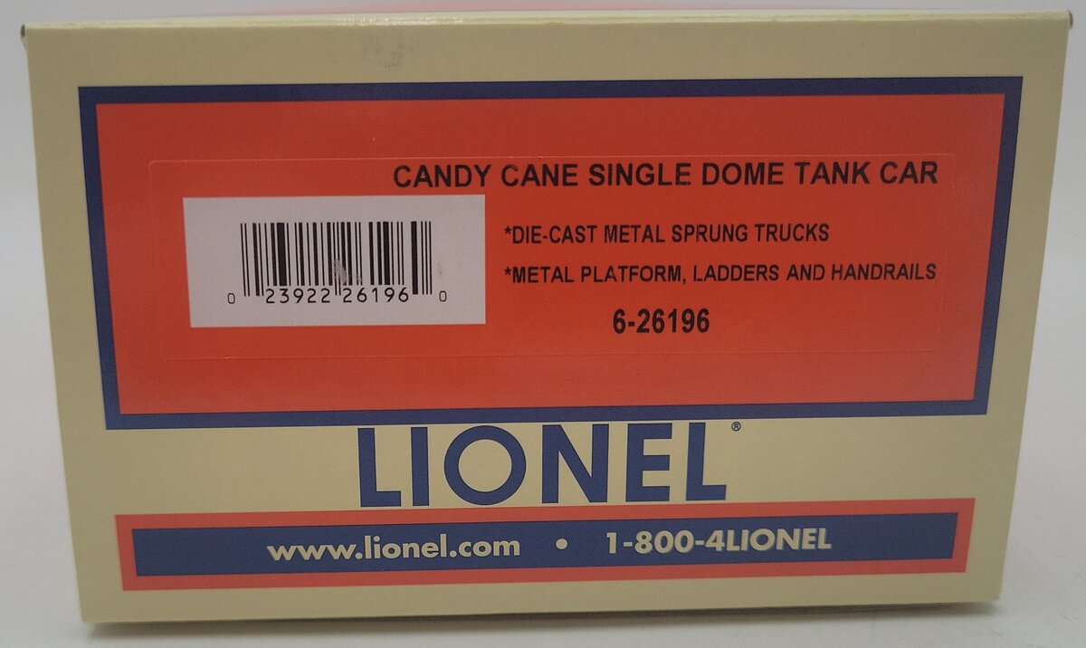 Lionel 6-26196 O Gauge Candy Cane Single Dome Tank Car #26196 EX/Box