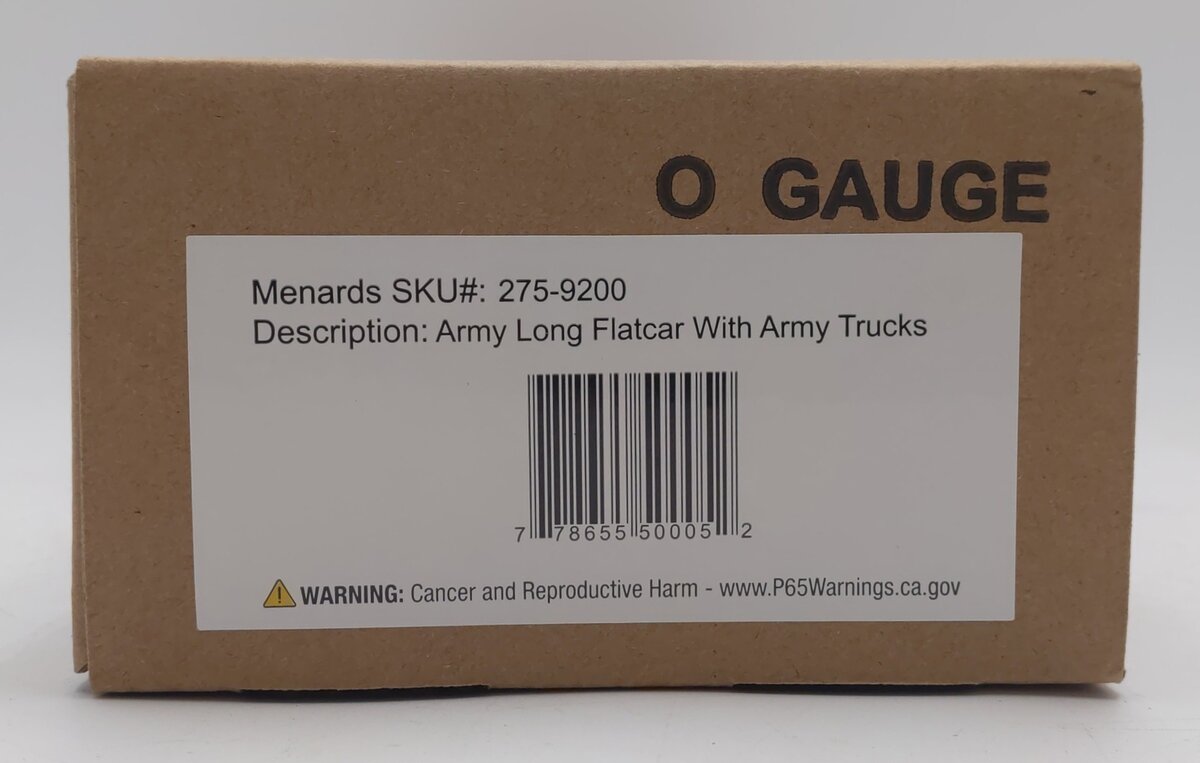 Menards 275-9200 O Scale Army Long Flatcar w/ Army Trucks #8694 MT/Box