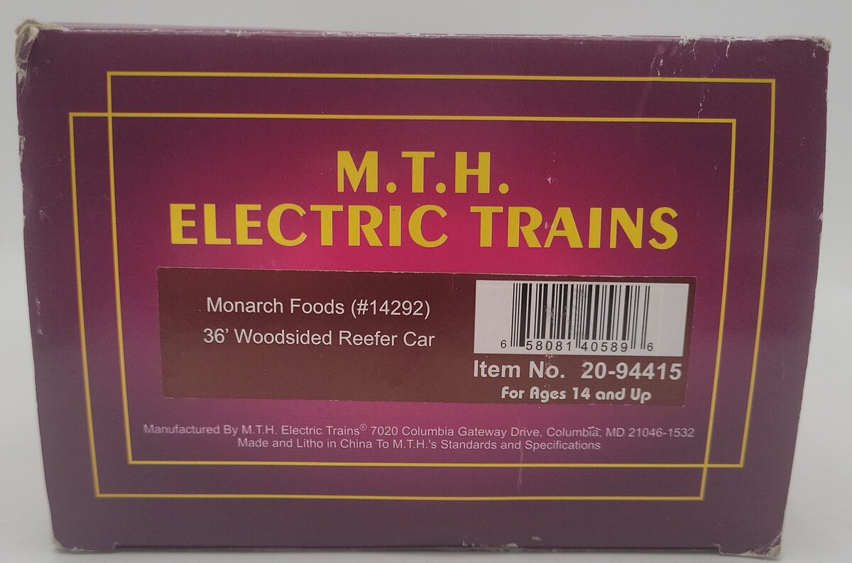MTH 20-94415 O Monarch Foods 36' Woodsided Reefer Car #14292