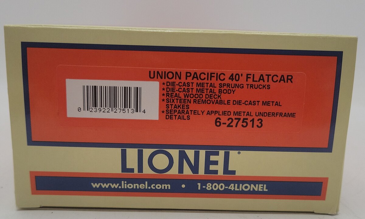 Lionel 6-27513 O Gauge Union Pacific 40 Ft Flatcar #51219 EX/Box