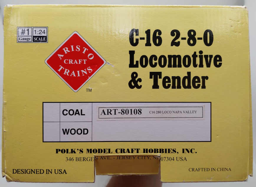 Aristo-Craft 80108 G Napa Valley C16 2-8-0 Locomotive & Tender #7 EX/Box