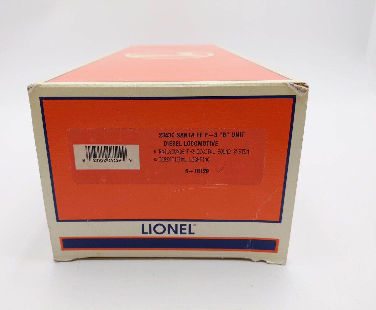 Lionel 6-18129 O Gauge Santa Fe F3 Non-Pwd B-Unit Diesel Locomotive #2343C EX/Box