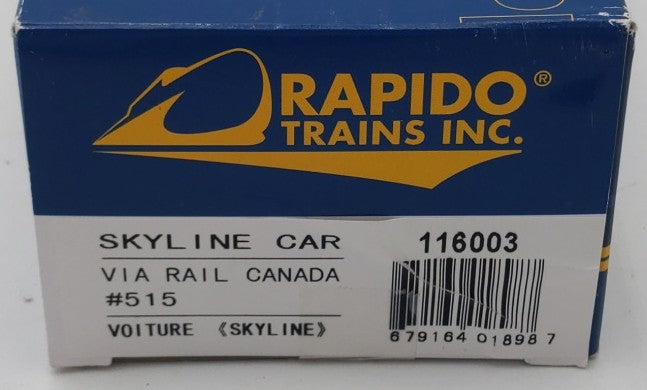 Rapido Trains 116003 HO Via Rail Canada Skyline Car #515 EX/Box