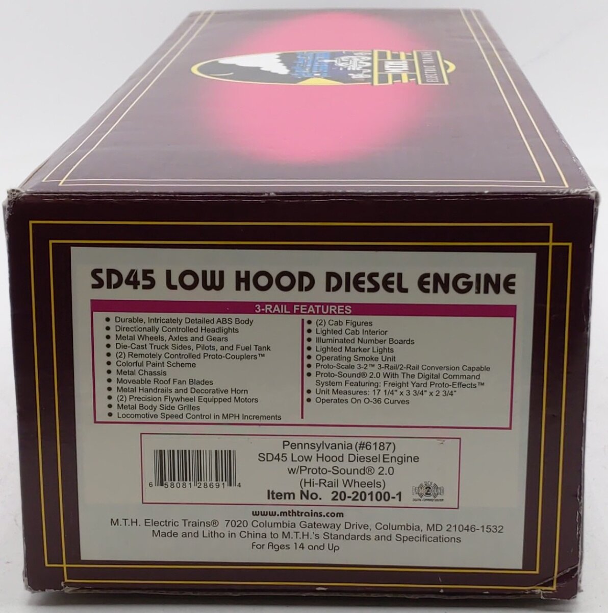 MTH 20-20100-1 O PRR SD45 Low Hood Diesel Engine #6185 w/PS 2.0 (Hi-Rail Wheels) EX/Box