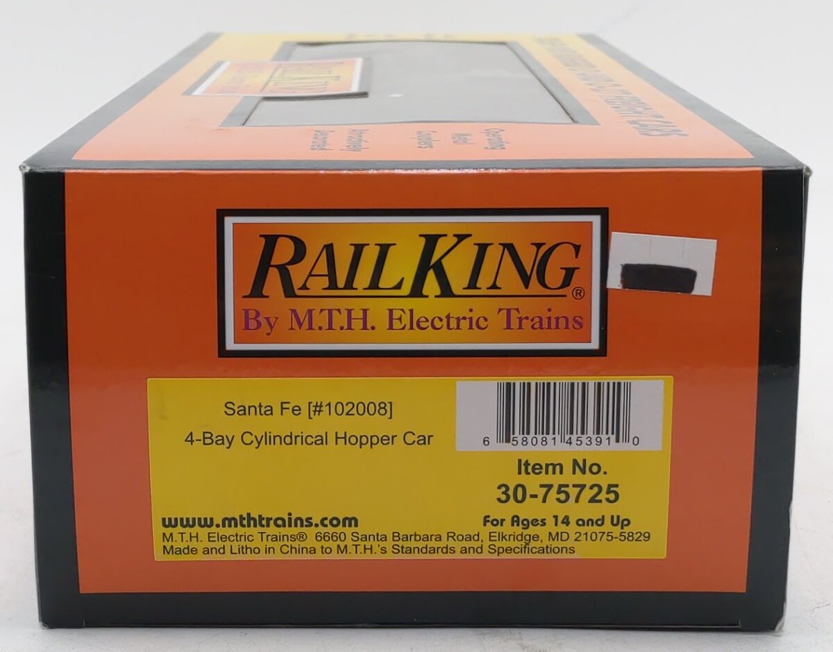MTH 30-75725 O Gauge Santa Fe 4-Bay Cylindrical Hopper #102008 EX/Box