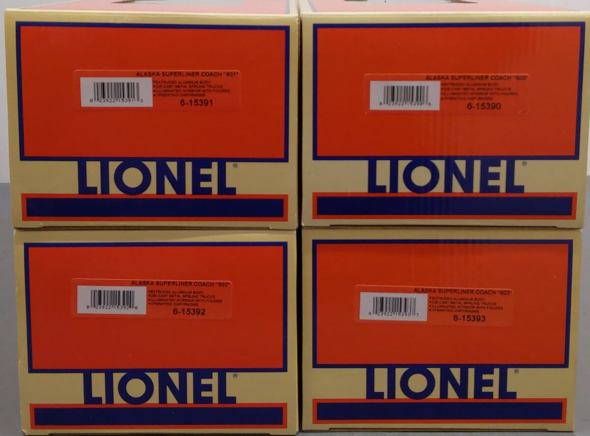 Lionel 6-15395 O Gauge Alaska Superliner Aluminum Passenger 4-Car Set LN/Box