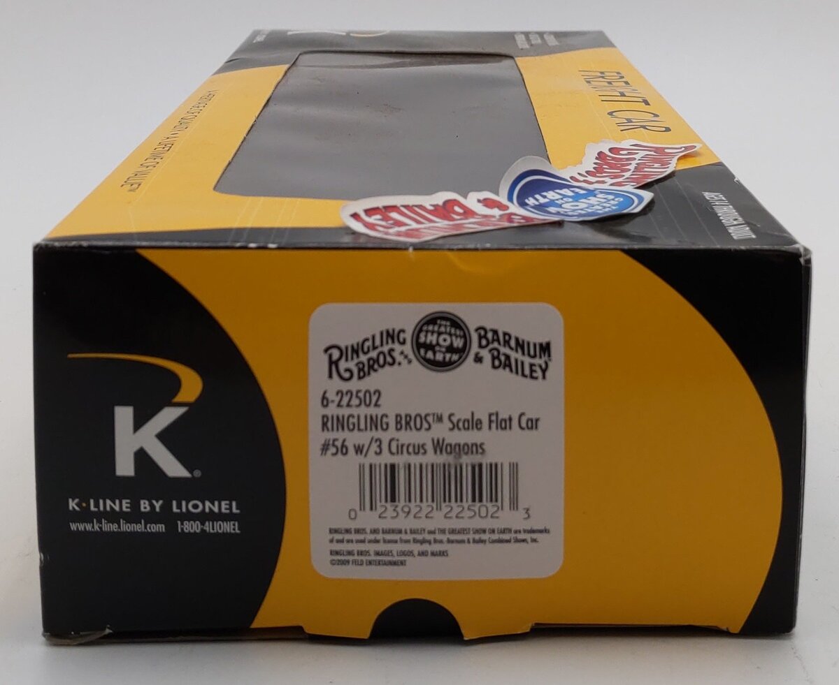 K-Line 6-22502 O Ringling Bros Scale Flat Car w/3 Circus Wagons #56 LN/Box