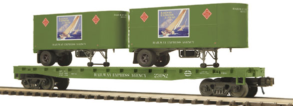 MTH 20-98599 O Gauge Railway Express Agency Flat Car #23082 w/ 2 PUP Trailers LN