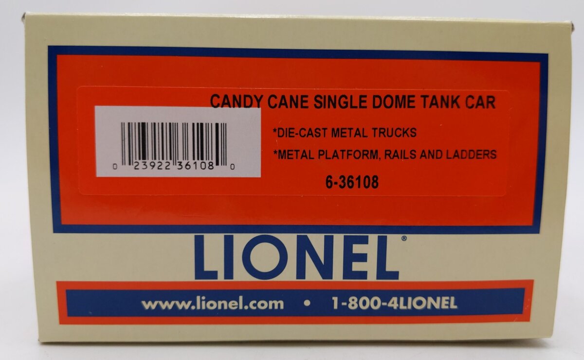 Lionel 6-36108 O Gauge Candy Cane Single Dome Tank Car LN/Box