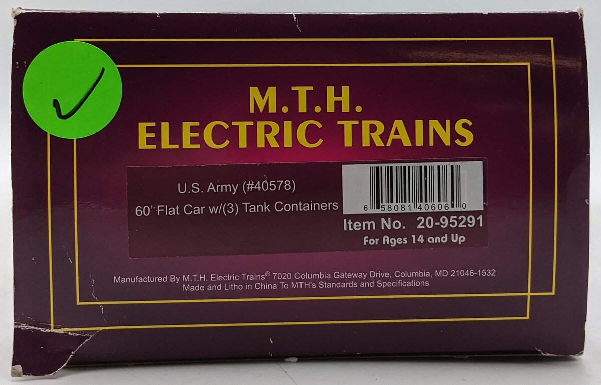 MTH 20-95291 O Gauge U.S. Army 60' Flat Car with 3 Tank Containers #40571 LN/Box