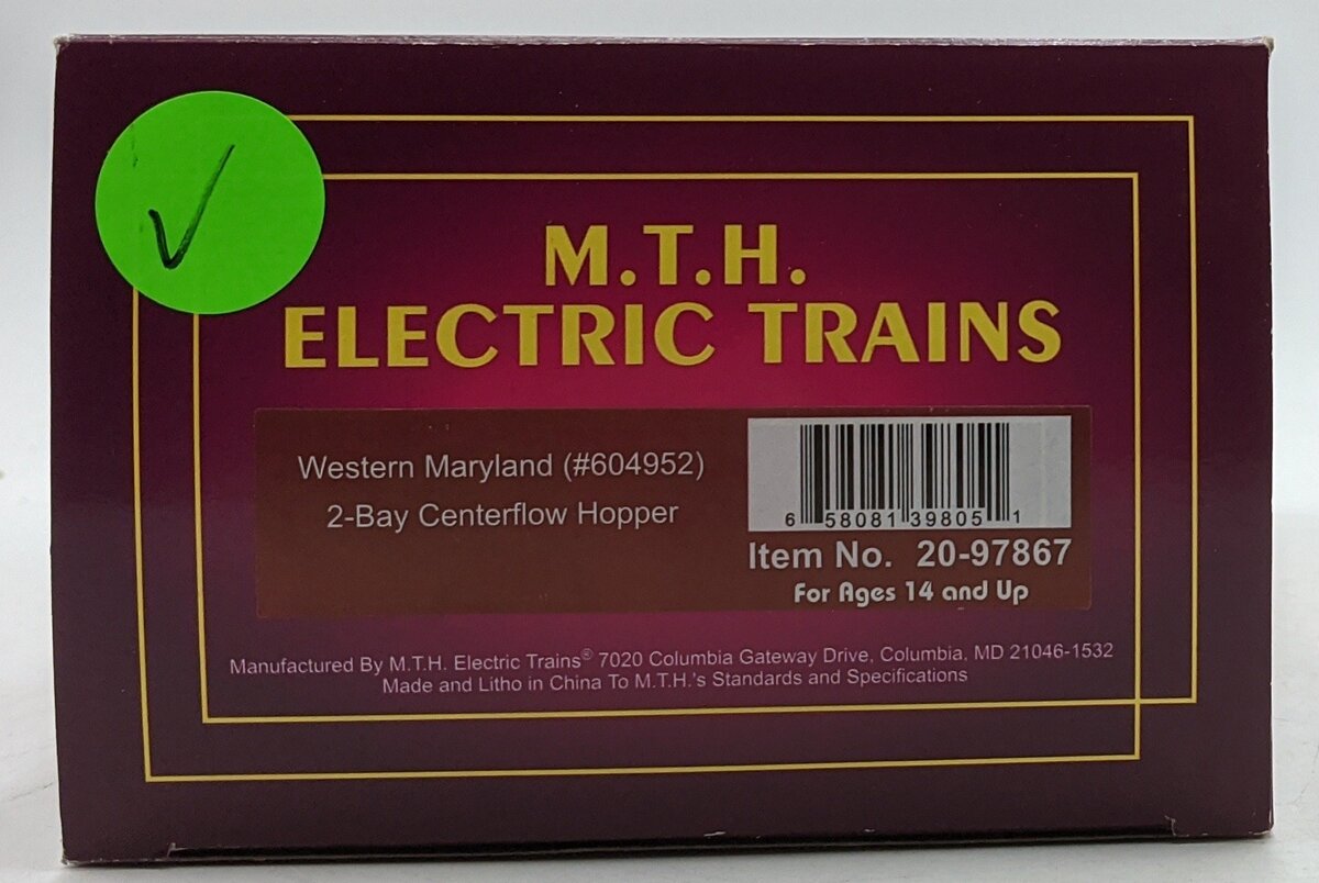 MTH 20-97867 O Western Maryland 2-Bay Centerflow Covered Hopper #604952 EX/Box