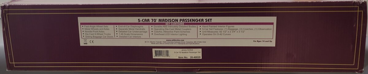MTH 20-40029 O Jersey Central Premier 70' Madison Passenger Car Set (Set of 5) LN/Box