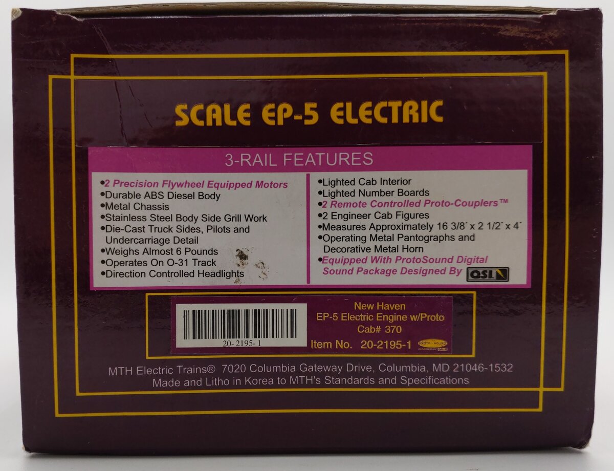 MTH 20-2195-1 O Gauge New Haven EP-5 Electric Locomotive w/PS1 #370 LN/Box