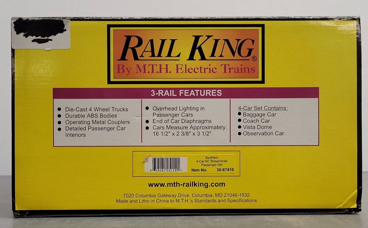 MTH 30-67410 O Southern 60' Streamlined ABS Passenger Car Set (Set of 4) LN/Box