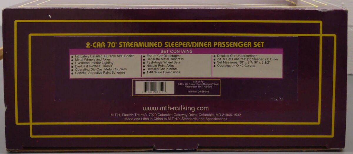 MTH 20-66040 O Santa Fe 70' Streamlined Sleeper/Diner Passenger Set (Set of 2) LN/Box