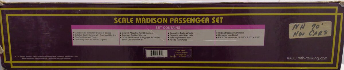 MTH 20-4040 O Gauge New Haven 70' Madison Passenger 5-Car Set VG/Box