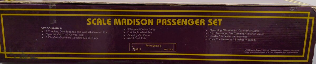 MTH 20-4018 O Gauge Pennsylvania 70' Madison Passenger 5-Car Set EX/Box