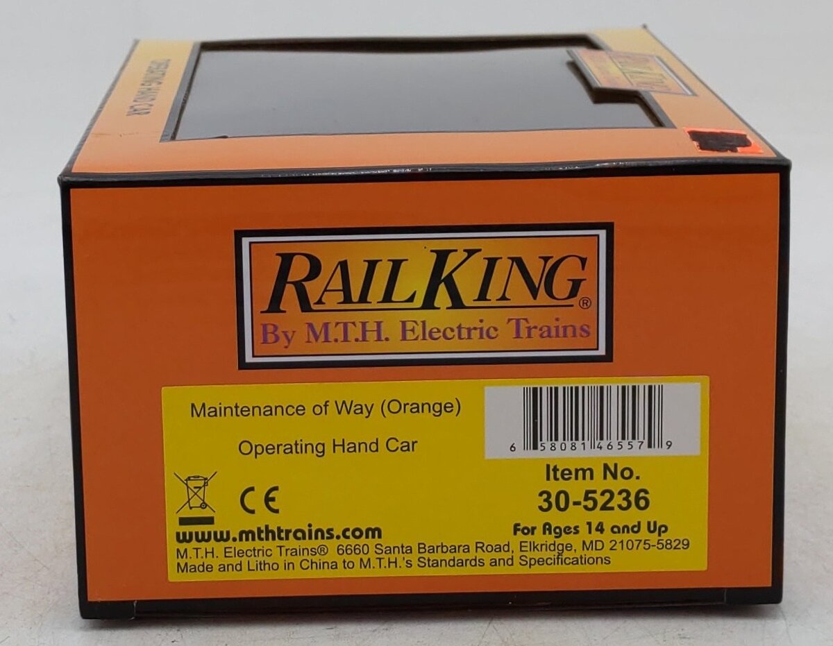 MTH 305236 O MoW Operating Handcar/orange #105 LN/Box