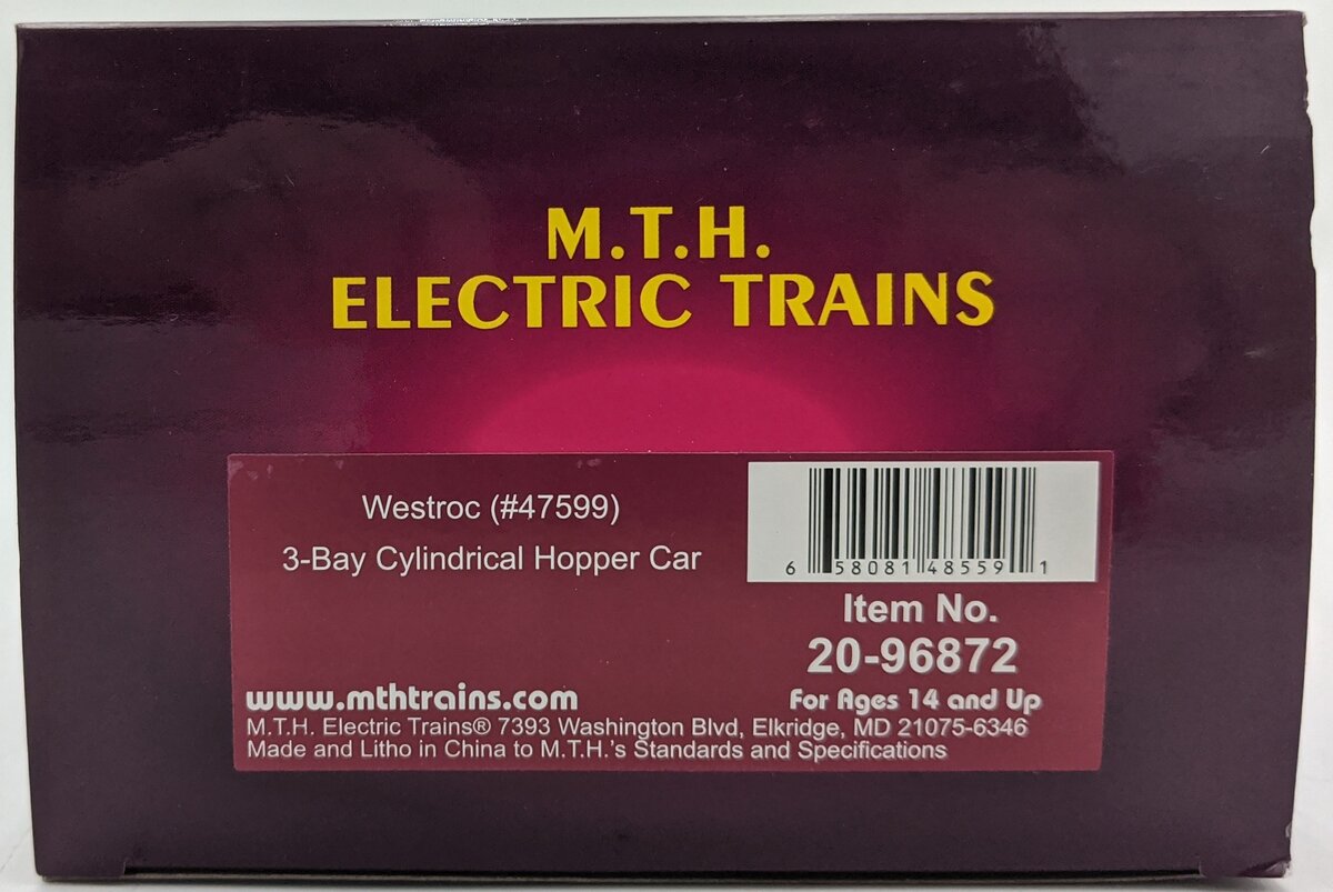 MTH 20-96872 O Gauge Westroc 3-Bay Cylindrical Hopper #47599 LN/Box
