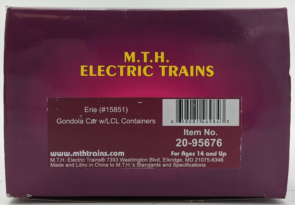 MTH 20-95676 O Gauge Erie Gondola Car with LCL Containers #15851 LN/Box