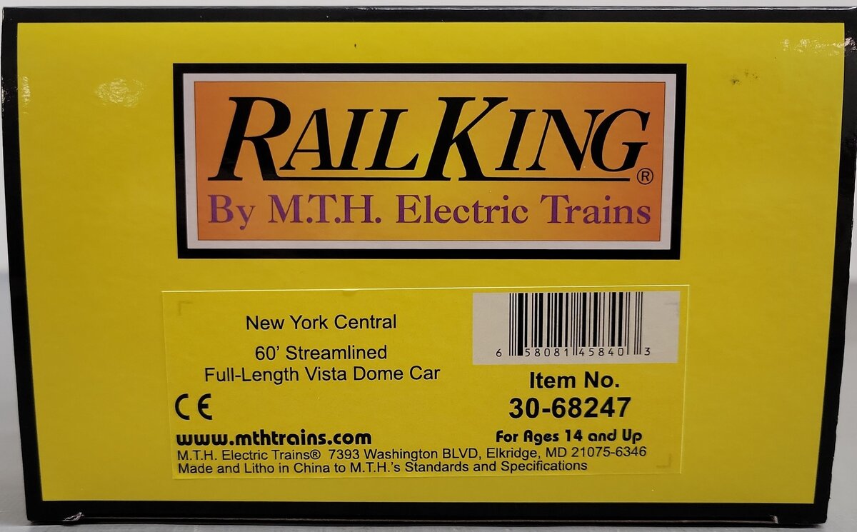 MTH 30-68247 O Gauge New York Central "Grand Heights" 60' Vista Dome Car LN/Box