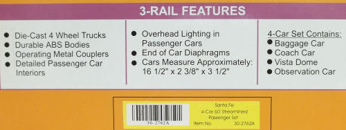 MTH 30-2762A O Santa Fe Streamlined Passenger Car Set (Set of 4) EX/Box