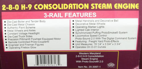 MTH 20-3097-1 WM 2-8-0 H9 Consolidation Steam Locomotive & Tender w/PS2 #830 LN/Box