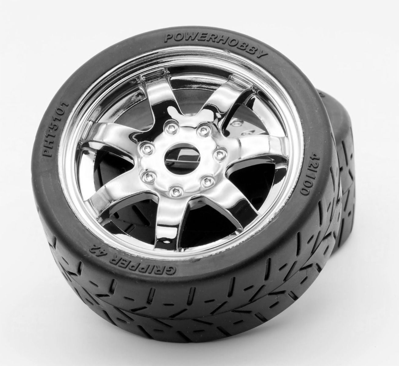 Power Hobby PHT5101-Chrome 1:8 Gripper 42/100 Belted Mounted Tires Chrome Wheels