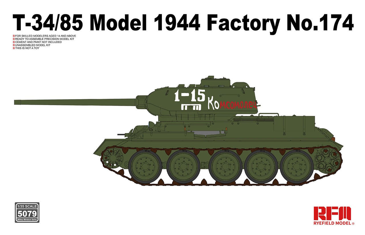 Rye Field Models 5079 1:35 T-34/85 Model 1944 Factory #174 Tank Plastic Kit