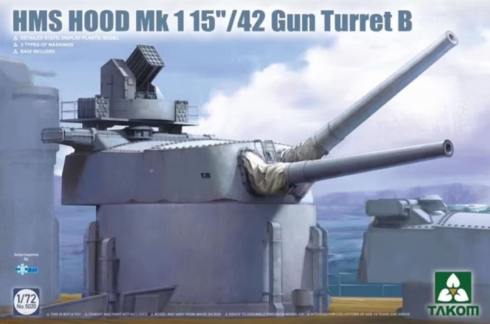 Takom 5020 1:72 HMS Hood 15"/42 Mk1 Gun Turret B Battleship Plastic Model Kit