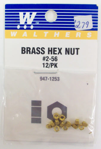 Walthers 947-1253 2-56 Brass Hex Nuts (Pack of 12)
