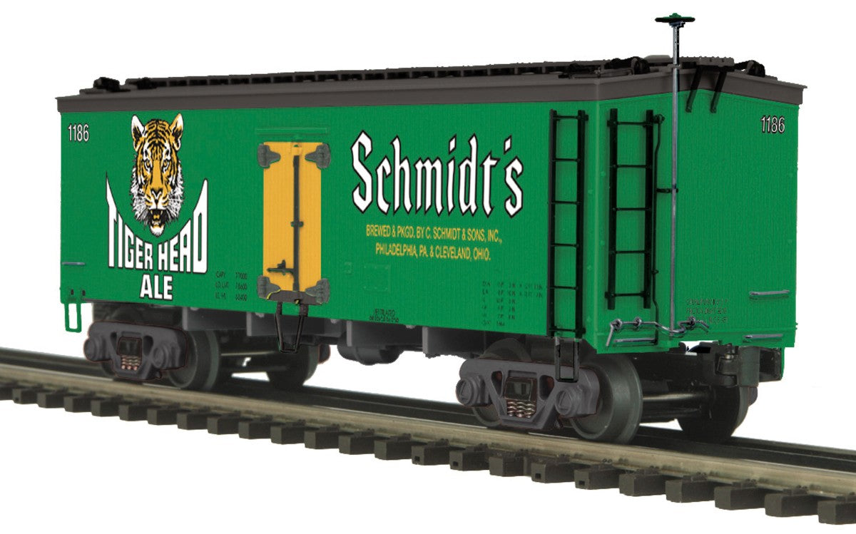 MTH 20-94342 O Schmidt’s Tiger Head Ale 36’ Woodsided Reefer Car #1186