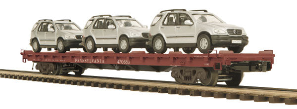 MTH 20-98641 O Gauge Pennsylvania RR 60’ Flat Car w/ Three M Class Benz