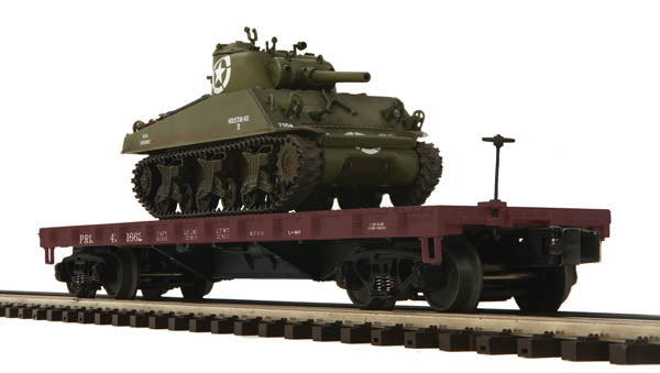 MTH 20-98742 O PRR 50T Wood Flat Car w/Sherman Tank