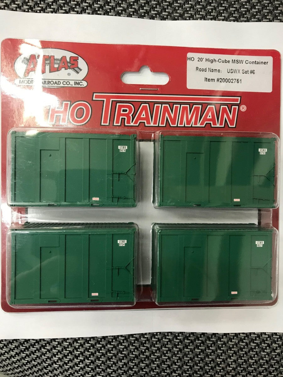 Atlas 20002751 HO Trainman 20' Hi-Cube MSW Container, USWX #6 (Pack of 4)