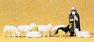 Preiser 14160 HO Shepherd with Sheeps & Dog Figures (Set of 8)