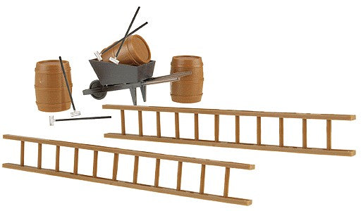 USA Trains R2080 G Work Car Ladders, Barrels, Wheelbarrow, Tools, Etc.
