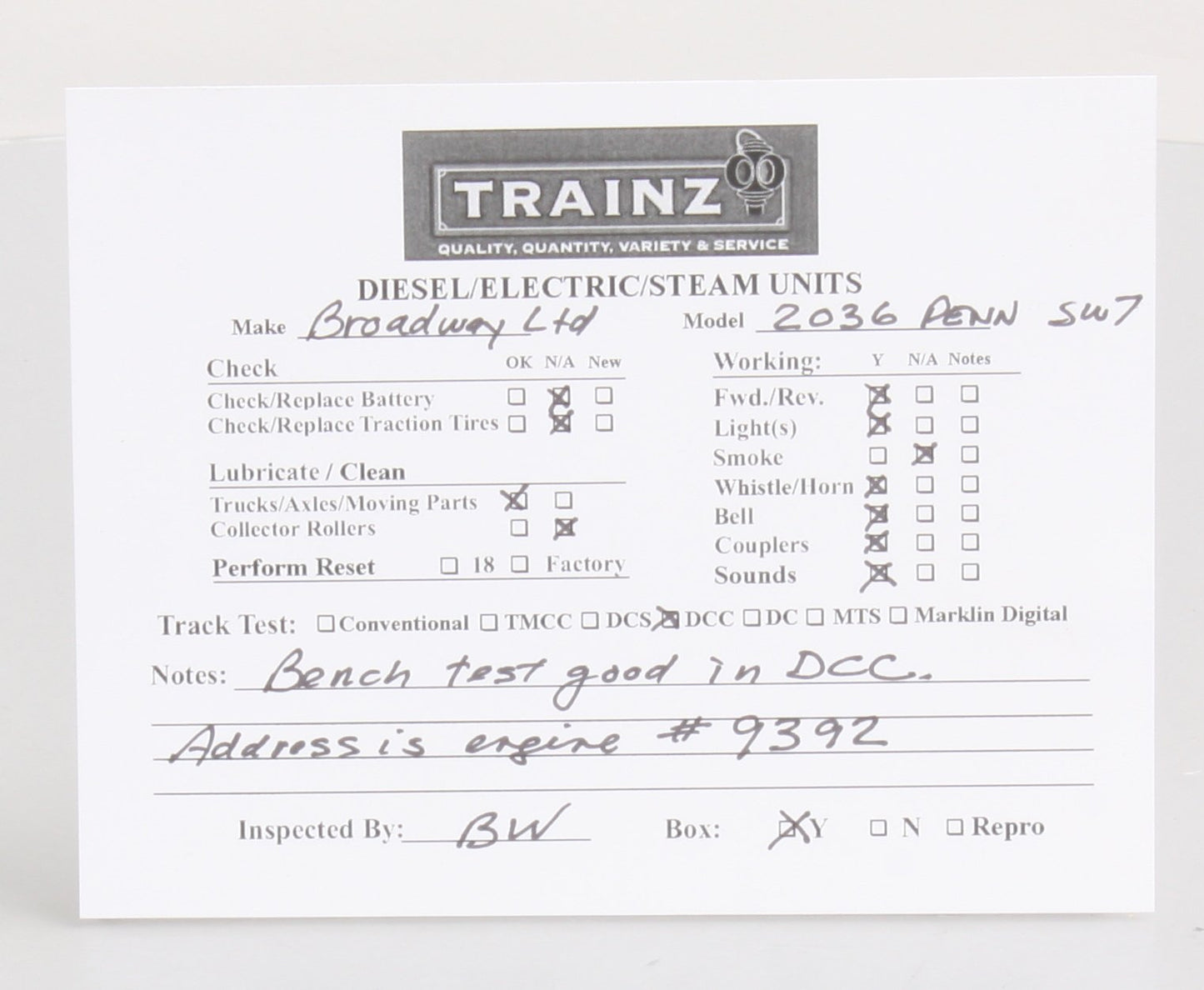 Broadway Limited 2036 HO Pennsylvania Diesel EMD Switcher SW7 Ph2 #9392