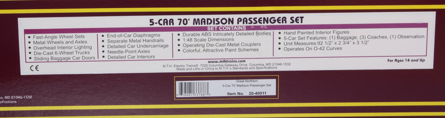MTH 20-40011 O Great Northern 70' Madison Passenger Car Set (Set of 5)