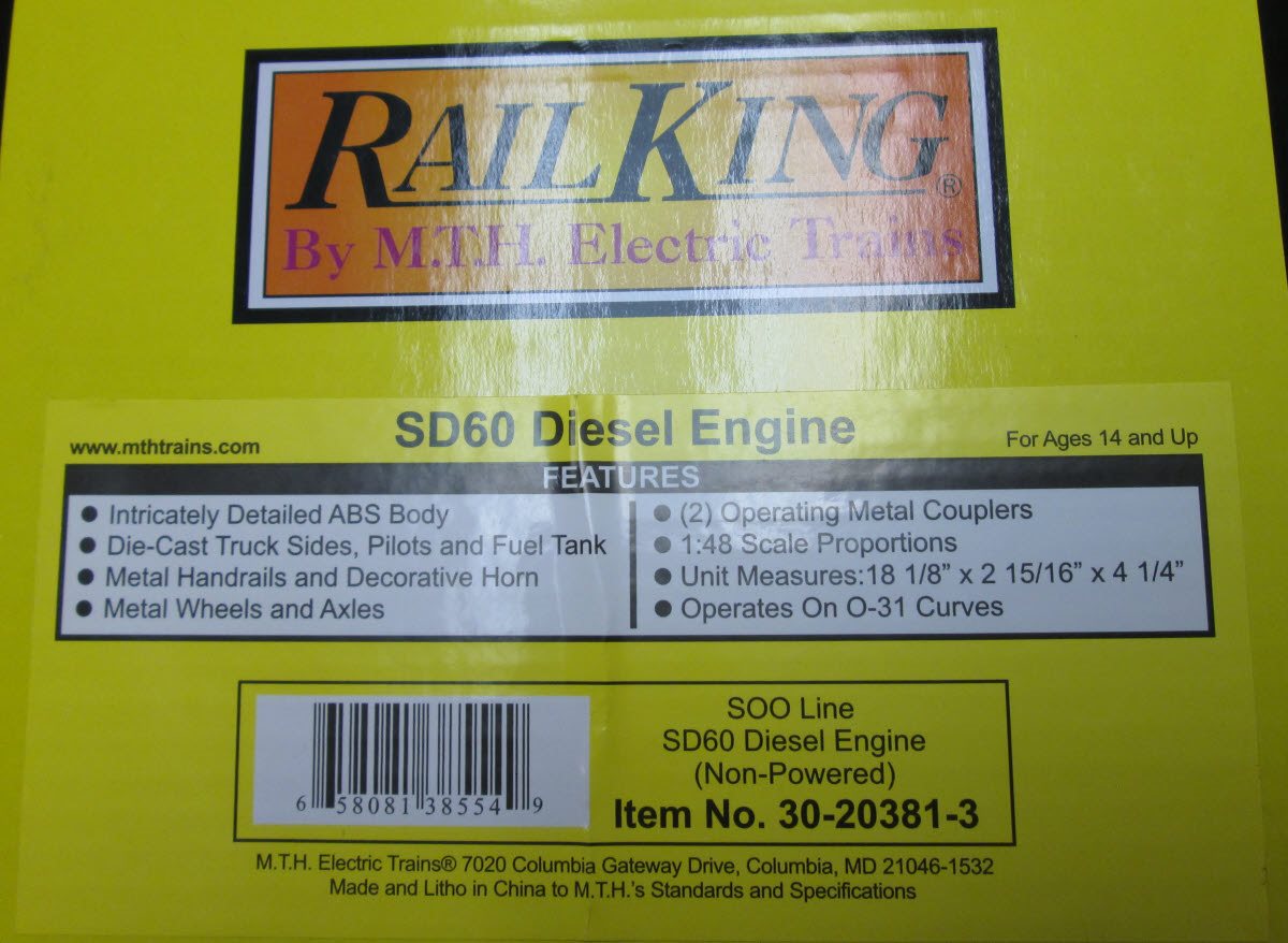 MTH 30-20381-3 SOO Line SD60 Non-Powered Diesel Engine #6055