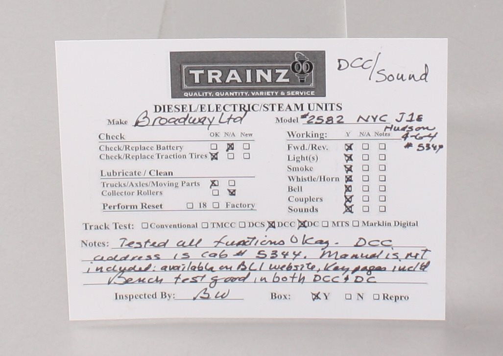 Broadway Limited 2582 HO NYC J1e 4-6-4 Hudson Steam Locomotive & Tender #5344