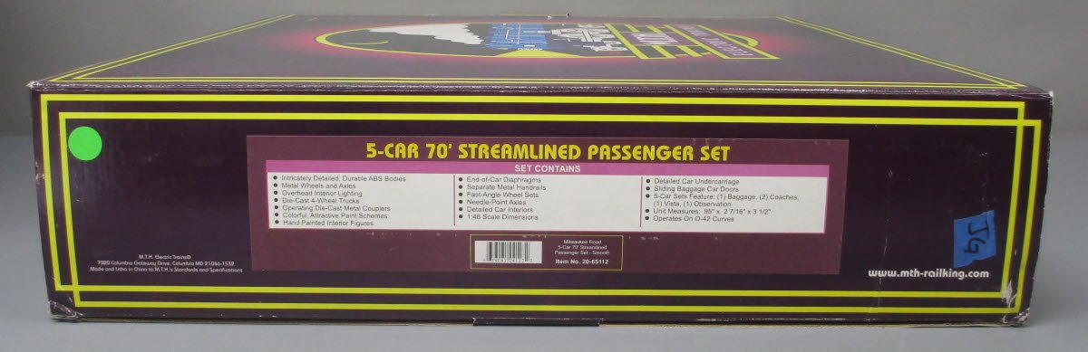 MTH 20-65112 O MILW 70' Streamlined Smooth Sided Passenger Car Set (Set of 5)