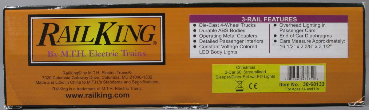MTH 30-68133 O Christmas 2-Car 60' Streamlined Sleeper/Diner with LED Lights