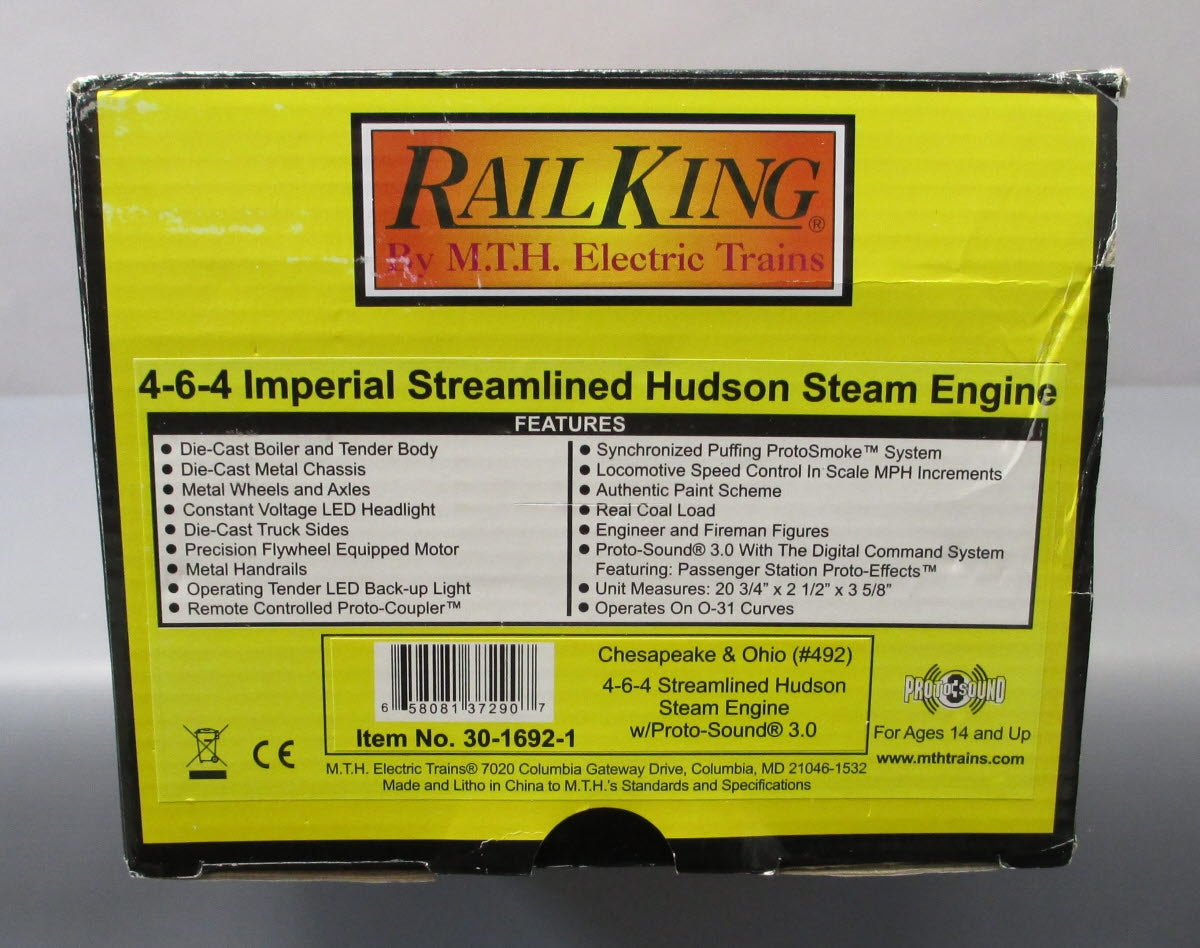 MTH 30-1692-1 Chesapeake & Ohio Imperial Streamlined 4-6-4 Hudson #492 w PS3