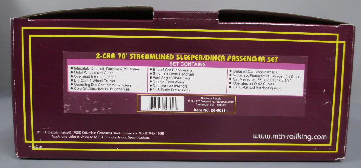 MTH 20-66114 O NP 70' Streamlined Sleeper/Diner Passenger Car Set (Set of 2)
