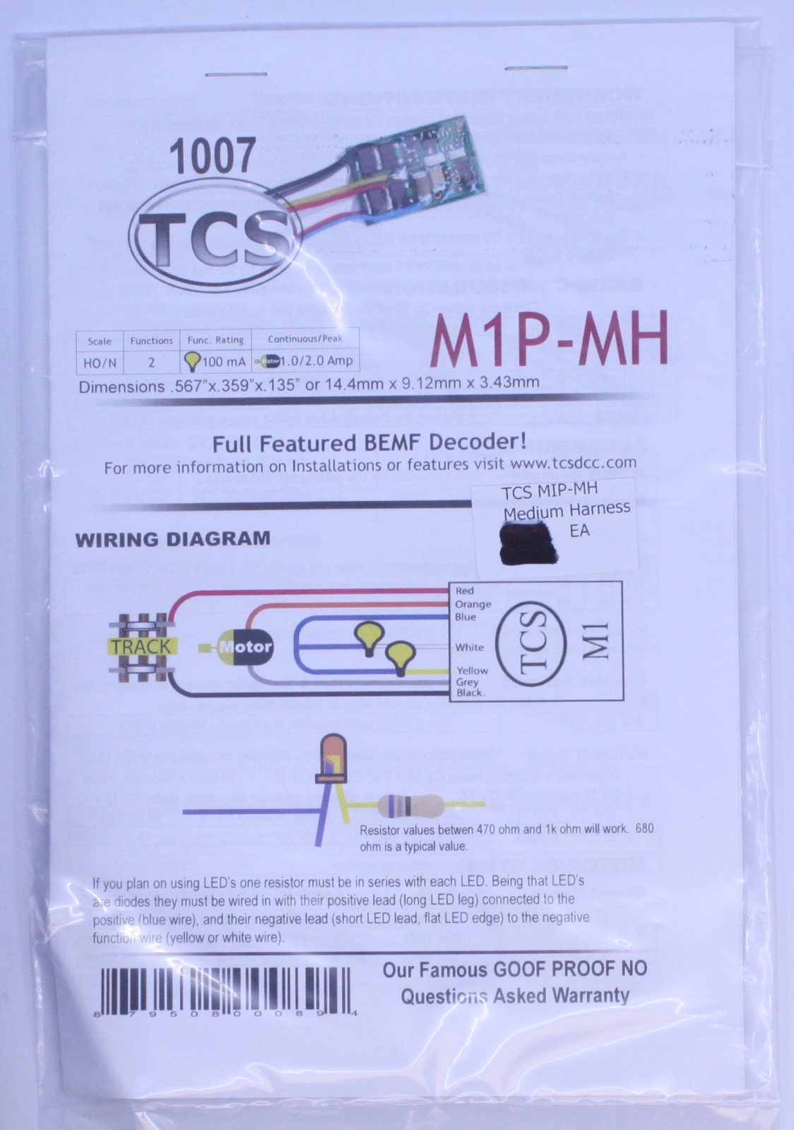Train Control Systems 1007 M1P-MH Full Feature BEMF Decoder