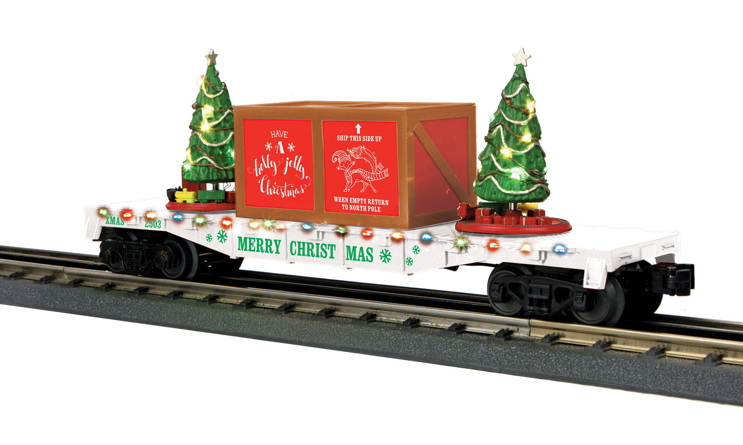 MTH 30-76823 O Christmas White RailKing Flat Car w/Lighted Christmas Trees
