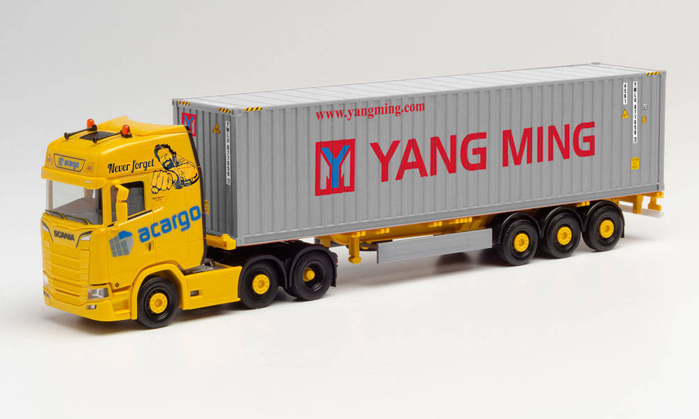 Herpa 312318 1:87 Acargo / Yang Ming Scania CS 20 HD 6X2 Container Semitrailer